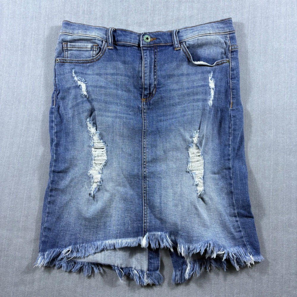 Sneak Peek Denim Skirt Womens L Blue Distressed Raw Frayed Hem Casual Stretch